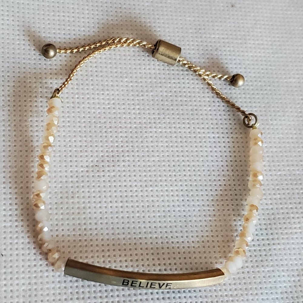 Gold Tone Pull Bracelet Believe Czech Glass Beads